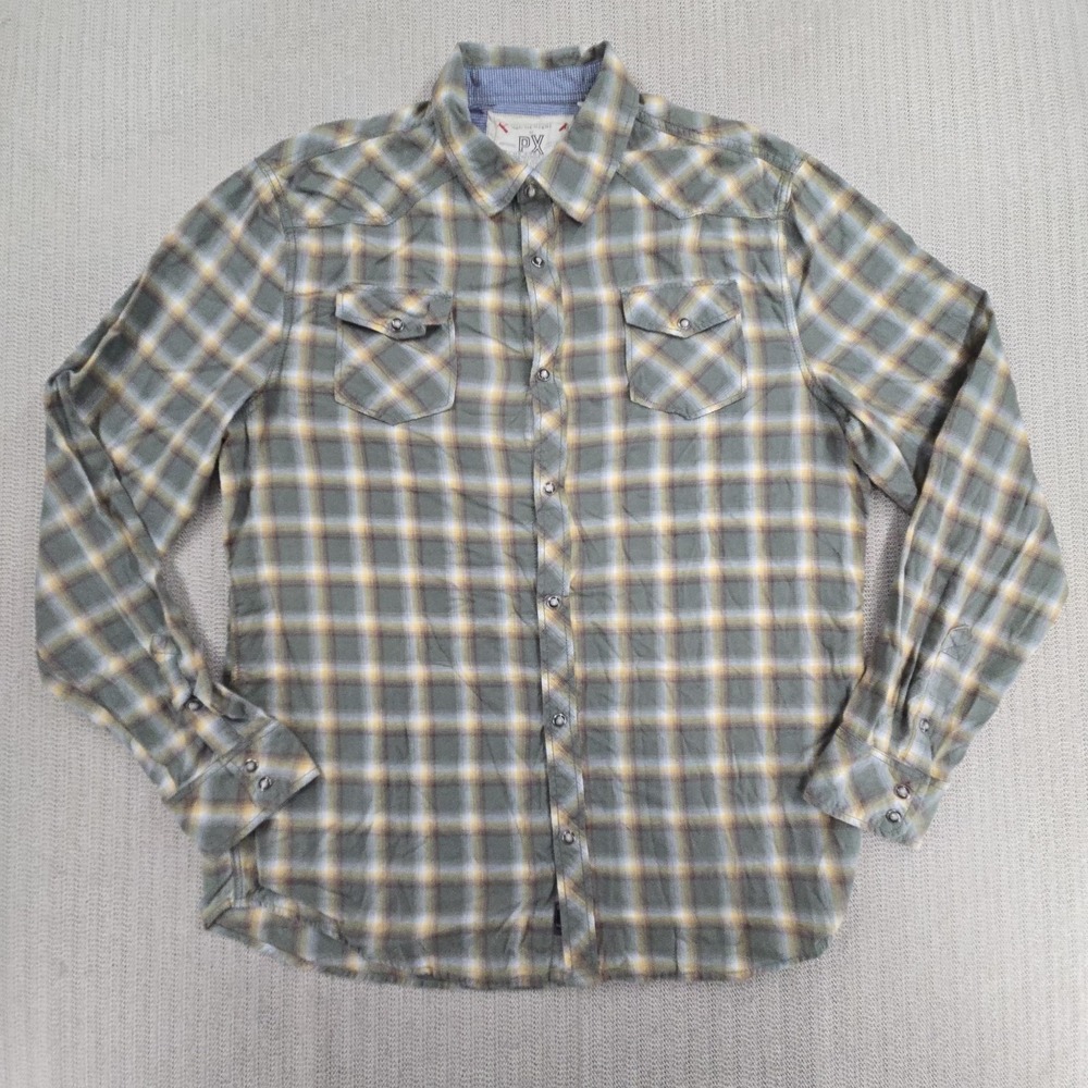 PX Clothing Pearl Snap Shirt Mens 2XL Green Plaid Western Button Long Sleeve